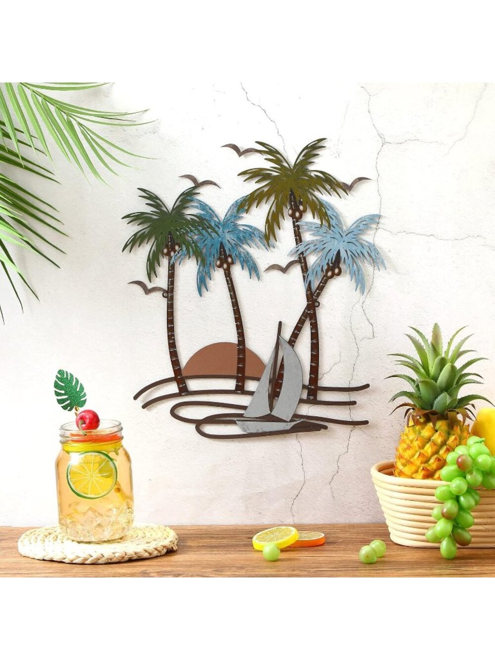 New Palm Trees Sailboat Metal Wall Art Tropical Beach Decor 13.78 x 11.81 in